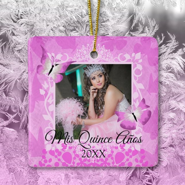Ornamento De Cerâmica Rosa, Borboletas Negras Quinceanera Foto (pink butterfly quinceanera christmas ornament pink mis quince anos pink quinceanera gifts)