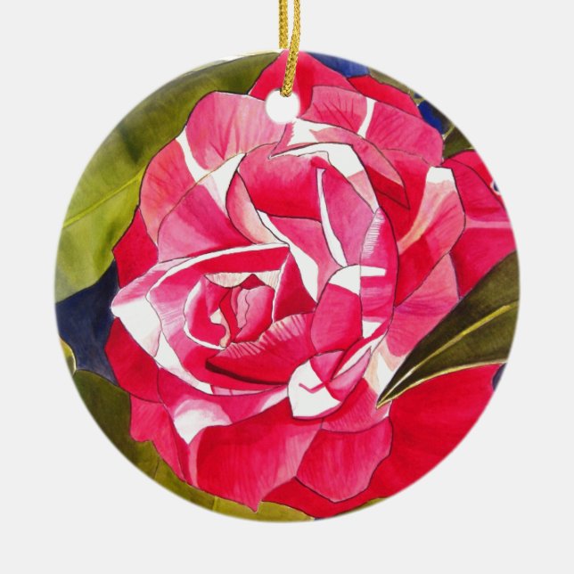Ornamento De Cerâmica Rosa-claro Camellia - flor de aquarela (Frente)