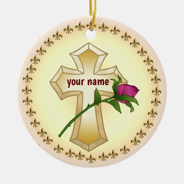 Ornamento De Cerâmica Rosa da Cruz Cristã Personalizada (Frente)