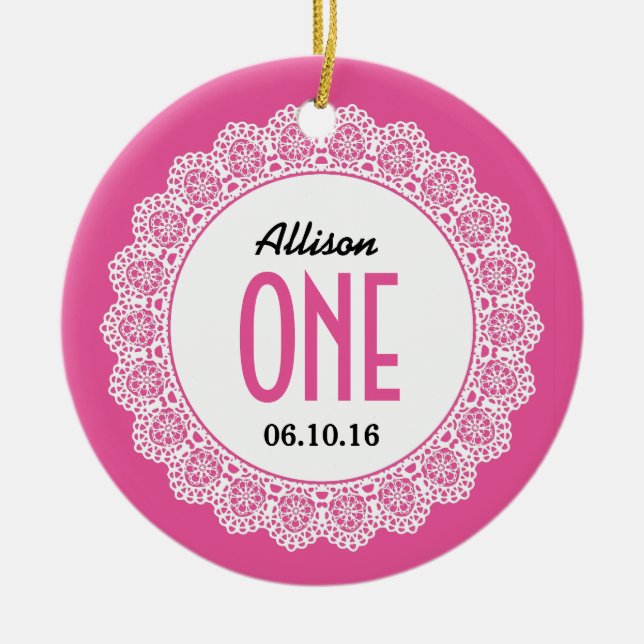 Ornamento De Cerâmica Rosa da lembrança do primeiro aniversario do bebê (Frente)