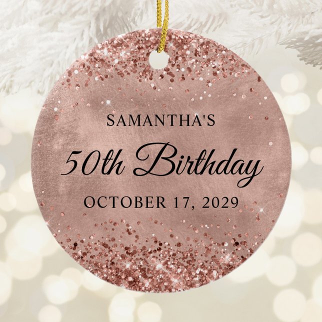 Ornamento De Cerâmica Rosa de Glittery Dourado 50th Birthday (Glittery Rose Gold 50th Birthday Ceramic Ornament)