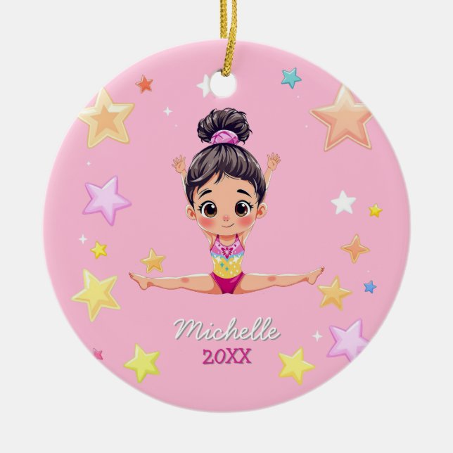 Ornamento De Cerâmica Rosa de Natal da Pequena Gymnast Personalizada (Frente)