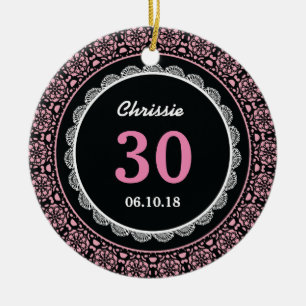 Ornamento De Cerâmica Rosa do preto da lembrança do aniversário de 30