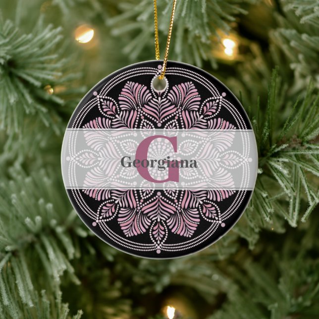 Ornamento De Cerâmica Rosa Dot Mandala Monogramas (Árvore)