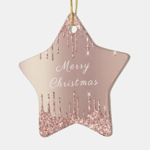 Ornamento De Cerâmica Rosa Dourado Blush Glitter Sparkle Drives Natal