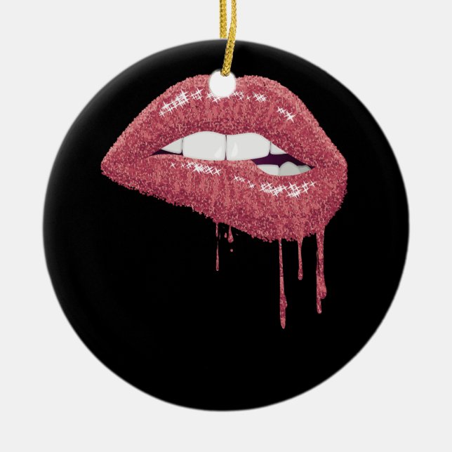 Ornamento De Cerâmica Rosa Dourado Lipstick Kiss Hot 80 Drip Lábios 1980 (Frente)