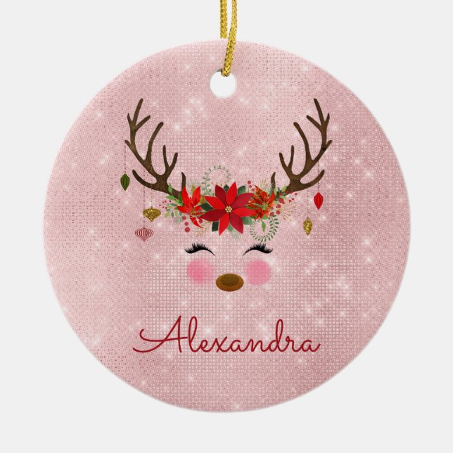 Ornamento De Cerâmica Rosa Dourado - Monograma da Reindedora de Natal Ro (Frente)