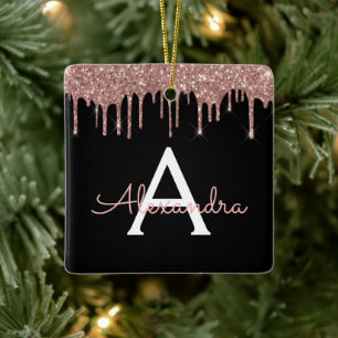 Ornamento De Cerâmica Rosa Dourado - Nome do Monograma com Brilho Cor-de