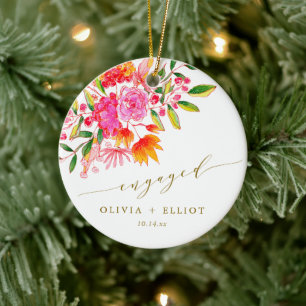 Ornamento De Cerâmica Rosa Laranja Floral Noivado Natal Personalizado