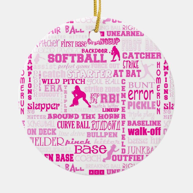 Ornamento De Cerâmica Rosa personalizado 2 das meninas do softball (Frente)