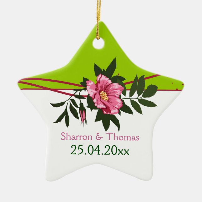 Ornamento De Cerâmica Rosa rosa selvagem rosa verde horta de casamentos (Frente)