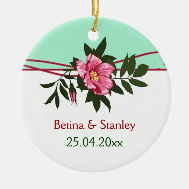 Ornamento De Cerâmica Rosa rosa selvagem rosa verde horta de casamentos (Frente)