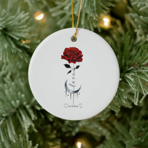Ornamento De Cerâmica Rosa vermelha de estilo de tatuagem e lua crescent