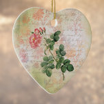 Ornamento De Cerâmica Rosa vermelha de vinheta no Damasco Rosa com Escri<br><div class="desc">Este design apresenta um arbusto rosa com vários caules, botões e flores contra um fundo vintage faux damask com pêssego pálido, rosa, marfim e verde-claro. O damasco tem um padrão floral, quase como se fosse pintado com esponja, assim como uma caligrafia fluida e cursiva. Este design adorável pode adicionar romance...</div>