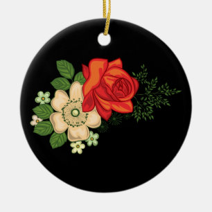 Ornamento De Cerâmica Rosa Vermelha e Margaridas Fundo Preto
