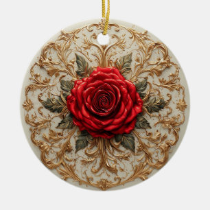 Ornamento De Cerâmica Rosa Vermelha Elegante Com Floral Dourada Ornament