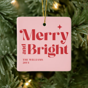 Ornamento De Cerâmica Rosa Vermelho Moderno Natal Alegre Brilhante