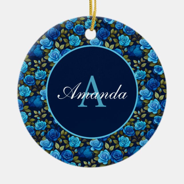 Ornamento De Cerâmica Rosas Azuis Elegantes Padrão Floral Foto Monograma (Frente)