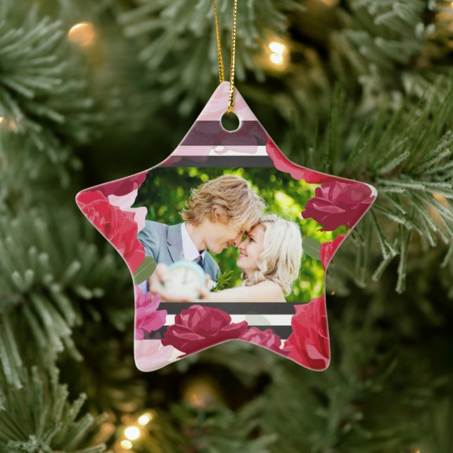 Ornamento De Cerâmica Rosas De Aniversário De Casamento, Stripes, Foto P (Árvore)