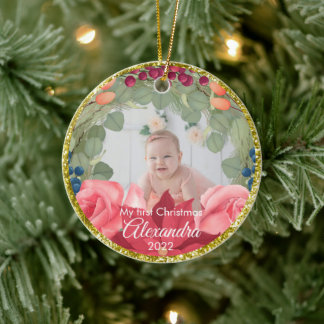 Ornamento De Cerâmica Rosas de poinsettia dourada, falso, falso