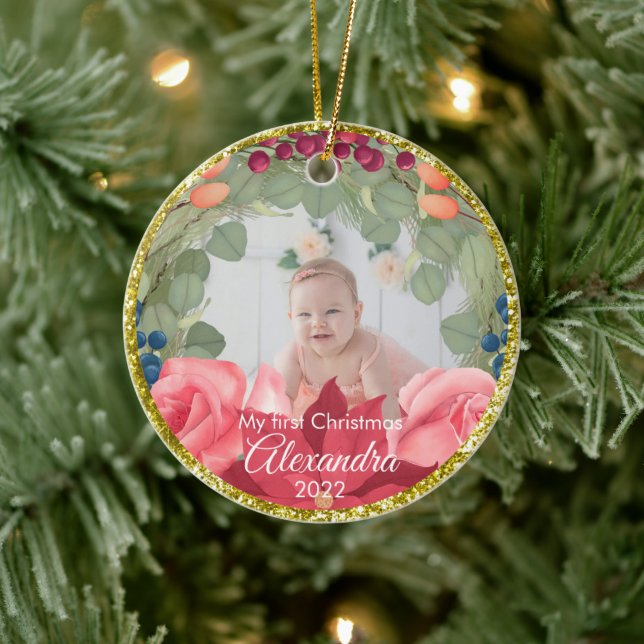 Ornamento De Cerâmica Rosas de poinsettia dourada, falso, falso (Árvore)