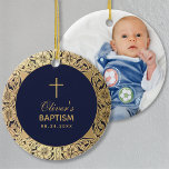 Ornamento De Cerâmica Rosas Dourados do Baptism Boy Photo Vintage Marinh<br><div class="desc">Este design de batismo azul, elegante, com ar vintage, apropriado para o batismo de um menino, tem um quadro de ouro vintage com decorações de rosas silvestres douradas ao redor de um círculo azul marinho com uma cruz de ouro e texto nele. O nome da criança é escrito em um...</div>