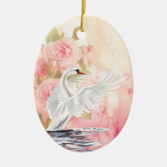 Ornamento De Cerâmica Rosas e Cisnes Brancos Personalizados da Watercolo (Frente)