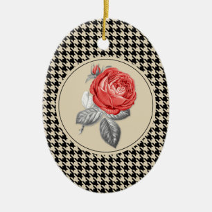 Ornamento De Cerâmica Rosas rosa vintage e padrão xadrez inglês