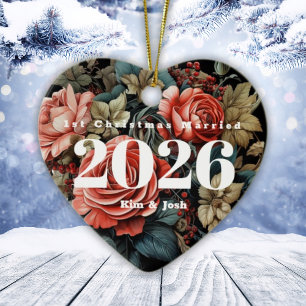 Ornamento De Cerâmica Rosas Vintage 1º Natal Casados Coração