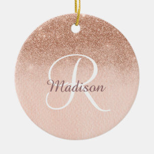 Ornamento De Cerâmica Rose Gold Ombre Personalizado Glitter Monograma