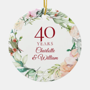 Ornamento De Cerâmica Roses Garland 40th Ruby Wedding Anniversary
