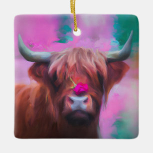 Ornamento De Cerâmica "Rosie das Terras Altas" – Retrato de Vaca das Ter