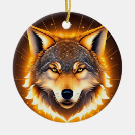 Ornamento De Cerâmica Rosto de Lobo Radiante Iluminado por Luz Dourada