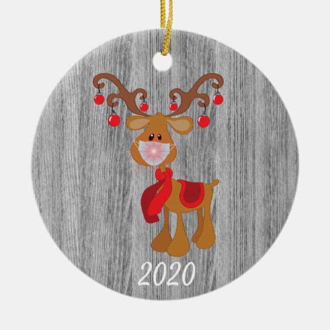 Ornamento De Cerâmica Rosto de Natal Rudolph Reindeer 2020 Madeira (Frente)