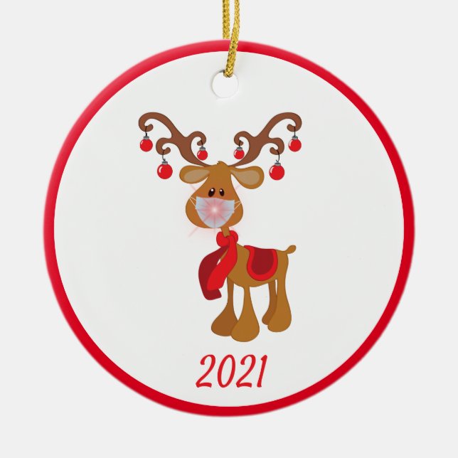 Ornamento De Cerâmica Rosto de Natal Rudolph Reindeer 2021 (Frente)