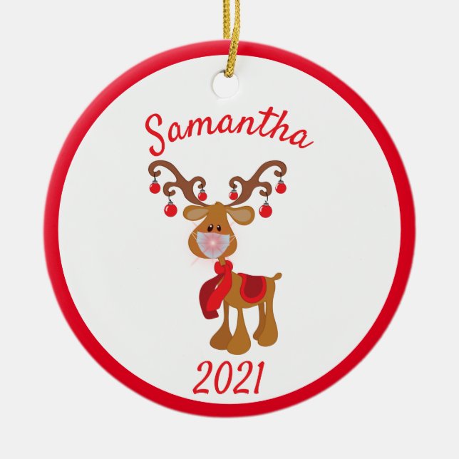 Ornamento De Cerâmica Rosto de Natal Rudolph Reindeer 2021 (Frente)