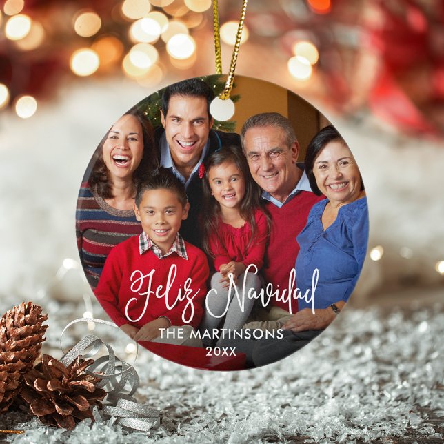 Ornamento De Cerâmica Roteiro de Caligrafia Feliz Navidad Foto Vermelho (Customize with your photo, name and year.)