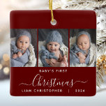 Ornamento De Cerâmica Roteiro de Foto Vermelho 3 Vermelho 3 de 1 rua de<br><div class="desc">Ajudem-nos a comemorar o primeiro Natal do seu neto com este belo ornamento moderno do keepsasasaame. O texto branco lê "O primeiro Natal do bebê", com a palavra "Natal" em um roteiro elegante de escrita manual, que floresce antes e depois sobre um fundo vermelho arrojado. Substitua as três imagens de...</div>