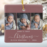 Ornamento De Cerâmica Roteiro de Fotografia de 1 rua de Natal Dusty Rosa<br><div class="desc">Ajudem-nos a comemorar o primeiro Natal do seu neto com este belo ornamento moderno do keepsasasaame. O texto branco lê "O primeiro Natal do bebê", com a palavra "Natal" em um roteiro elegante de escrita manual, que floresce antes e depois num fundo poeirento de rosa. Substitua as três imagens de...</div>