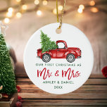Ornamento De Cerâmica Roteiro de Pincel Verde Primeiro Caminhão Vermelho<br><div class="desc">Escova Verde Moderna Escreve nosso Primeiro Natal como Sr. e Sra. - Watercolor Vintage Red Truck Ornament</div>