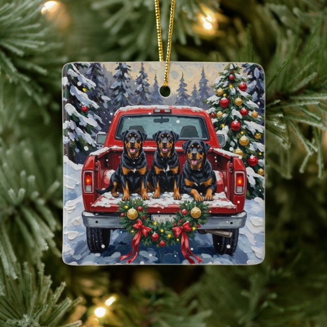Ornamento De Cerâmica Rottweiler Christmas Red Truck Holiday (Árvore)