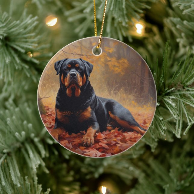 Ornamento De Cerâmica Rottweiler nas Folhas de outono cai inspirador (Árvore)