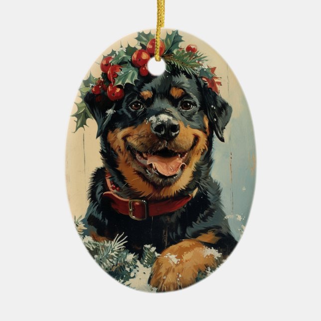 Ornamento De Cerâmica Rottweiler Natal (Frente)