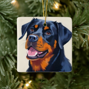 Ornamento De Cerâmica Rottweiler   Pintura em Aquarela de Cachorro