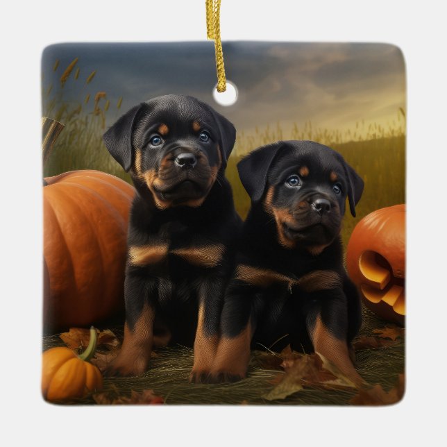 Ornamento De Cerâmica Rottweiler Puppy Autumn - Pumpkin (Frente)