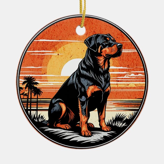 Ornamento De Cerâmica Rottweiler Retro Sunset Dog Lover (Frente)