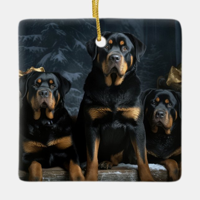 Ornamento De Cerâmica Rottweiler Snowy Sleigh Decência de Natal (Frente)