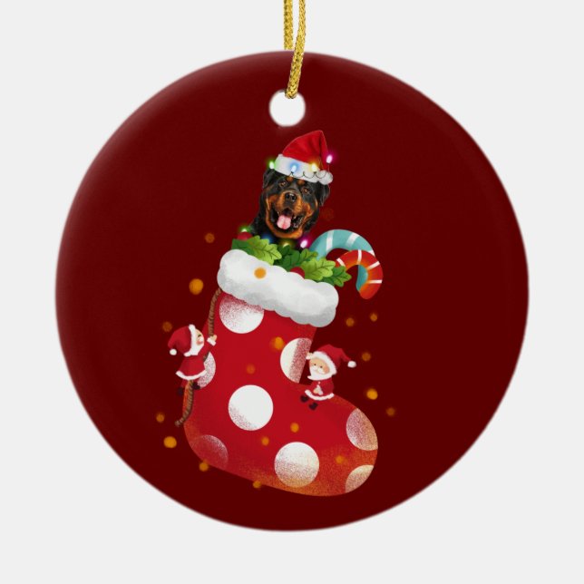 Ornamento De Cerâmica Rottweilers com o Natal do Chapéu (Frente)