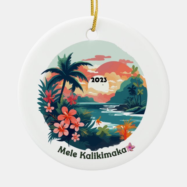 Ornamento De Cerâmica Rótulo da Ilha Tropical 2023, Mele Kalikimaka (Frente)