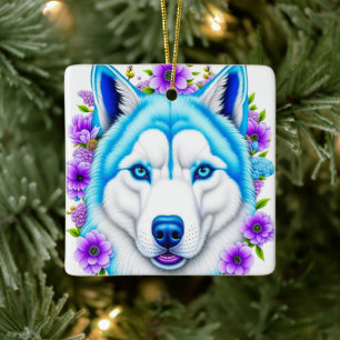 Ornamento De Cerâmica Rouco Cachorro com Olhos Azuis e Flores de Natal